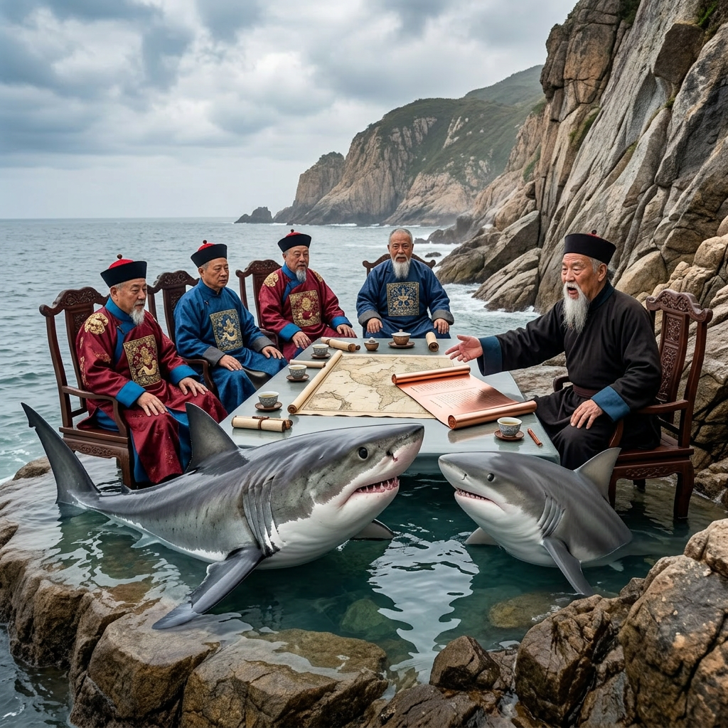 Five men in traditional clothing escaping from a great white shark jumping out of the water on rocky shoreline